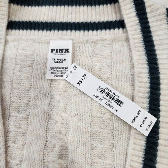 Victoria's Secret PINK White and Green Oversized Cable Sweater Cardigan Size XS - Picture 2 of 7